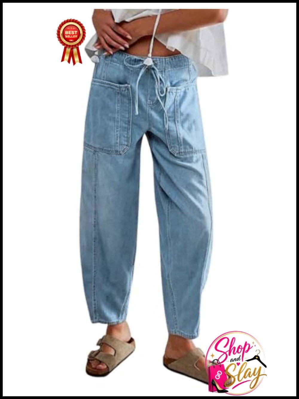 Drawstring Barrel Jeans Elastic Waist Baggy Wide Leg Denim Pants